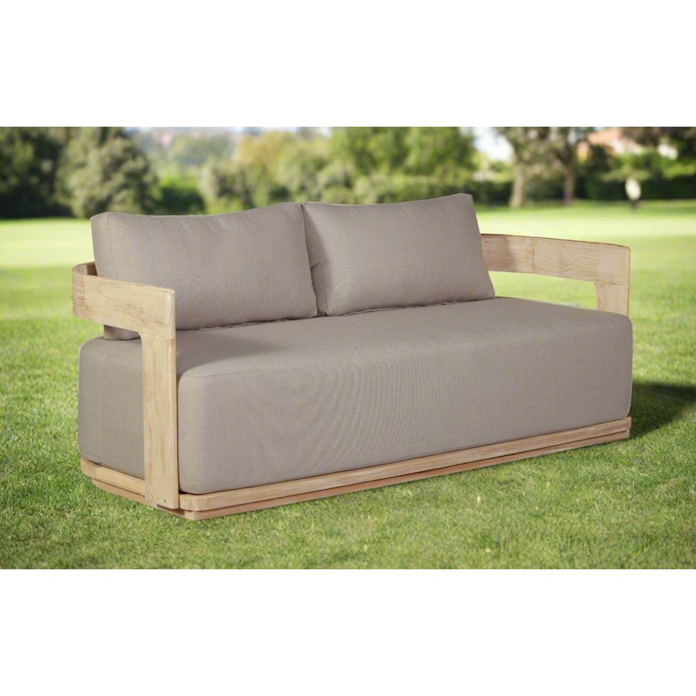 Eclipse Outdoor Solid Teak Wood Love seat Natural - Gray Fabric. Picture 2