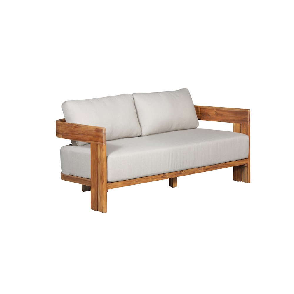 Paradiso Outdoor Solid Teak Wood Love seat - Gray Fabric. Picture 2
