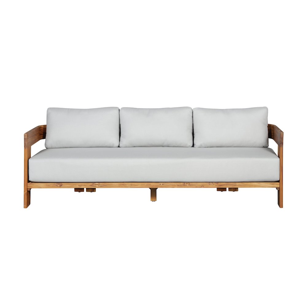 Paradiso Outdoor Solid Teak Wood Sofa - Light Gray Fabric. Picture 1