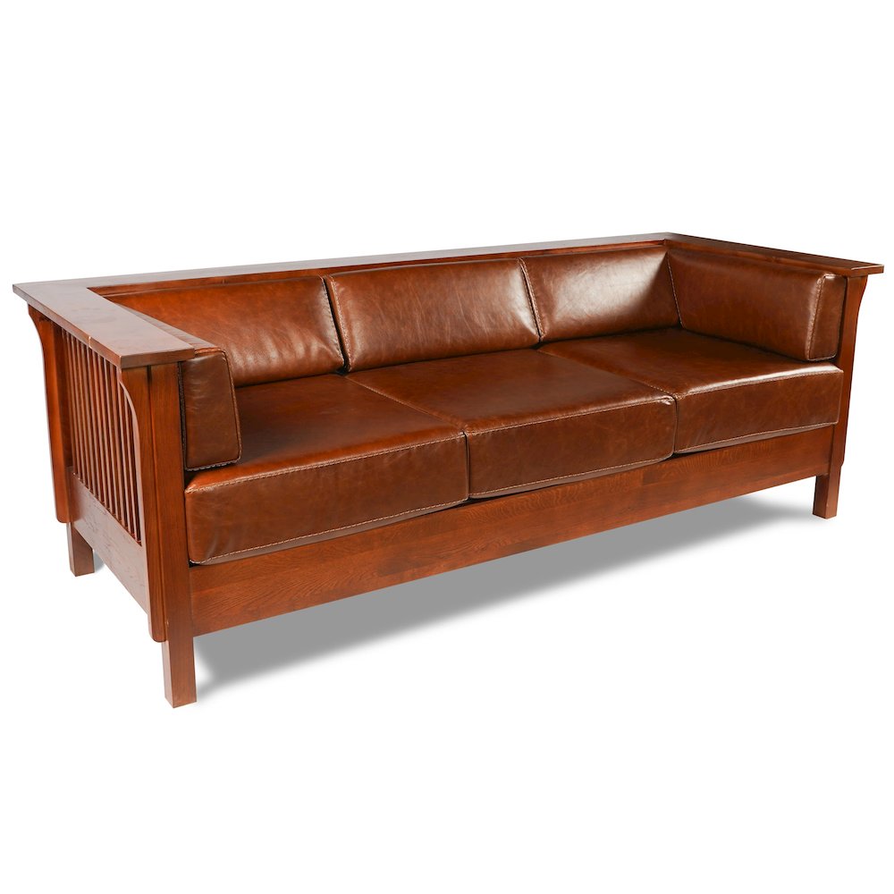 Craftsman Cubic Slat Side Sofa - Chestnut Brown Leather. Picture 2