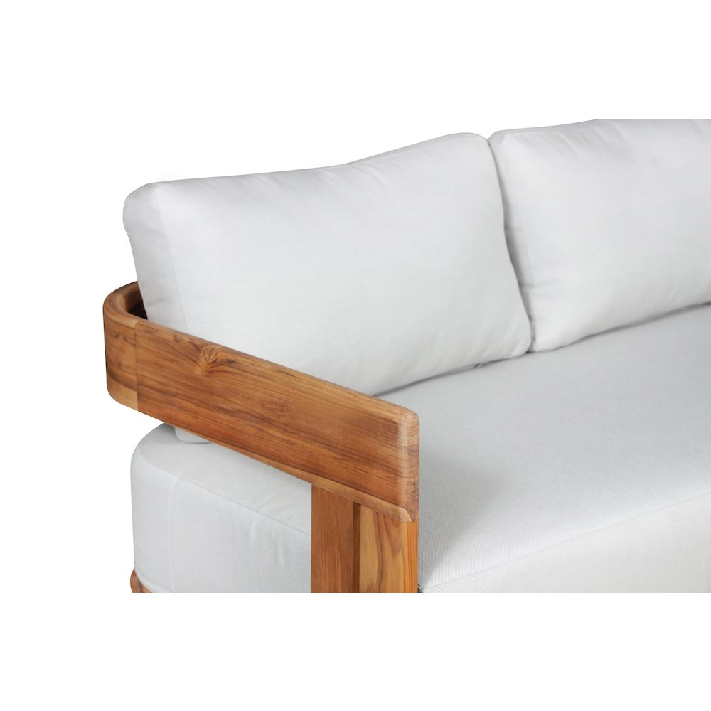 Paradiso Outdoor Solid Teak Wood Sofa - Light Gray Fabric. Picture 3