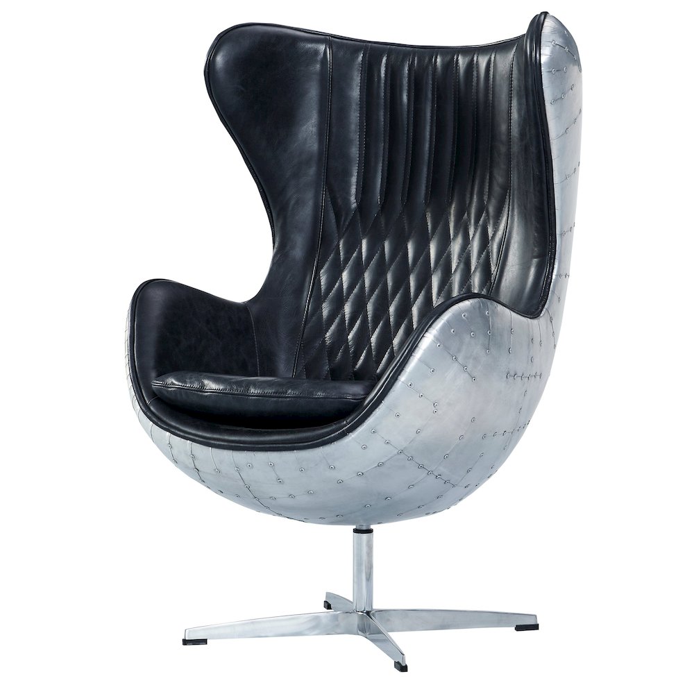 Cruz Modern Egg Chair - Slate Leather and Metal Spitfire Shell. Picture 1