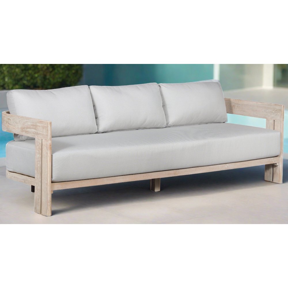 Paradiso Teak Wood Sofa Natural Look - Light Grey Fabric. Picture 2