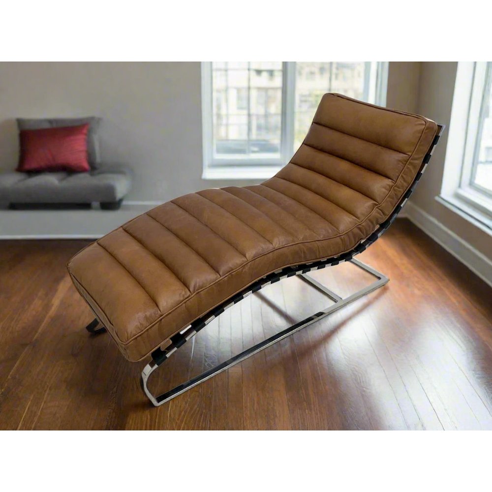 Plano Modern Channeled Leather Chaise Lounge - Light Brown Leather. Picture 3