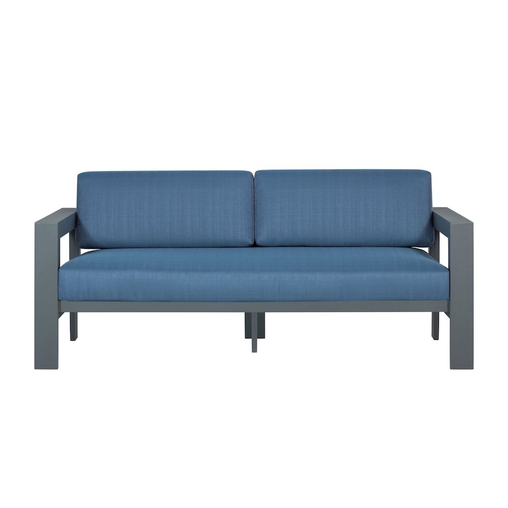Sardinia Aluminum Frame Outdoor 74" Love seat / Sofa - Blue Cushions. Picture 1