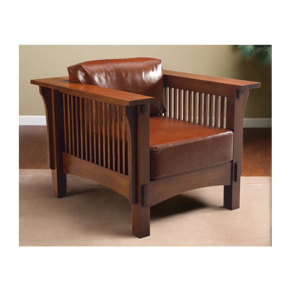 Craftsman Crofter Mission Style Arm Chair - Russet Brown Leather. Picture 3