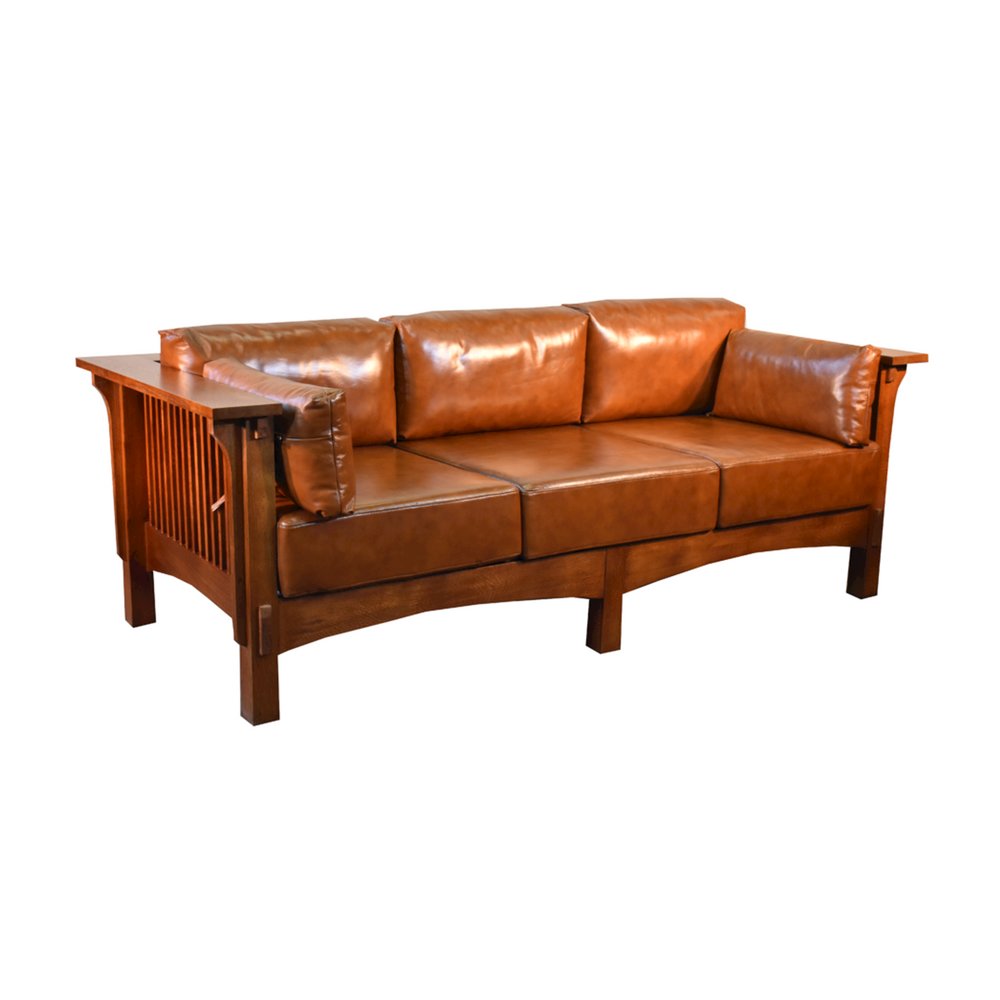 Crofter Style Sofa - Solid Quarter Sawn White Oak And Leather Cushions. Picture 1