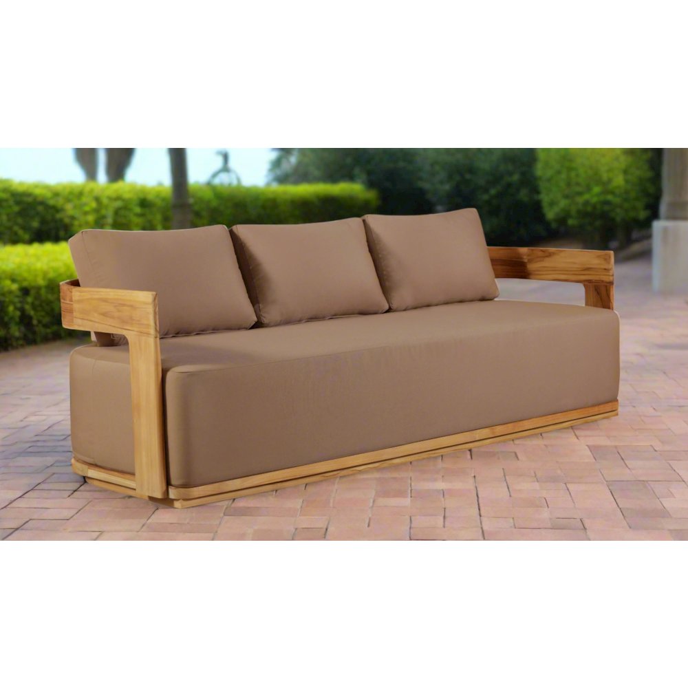 Eclipse Outdoor Solid Teak Wood Sofa - Light Brown Fabric. Picture 2