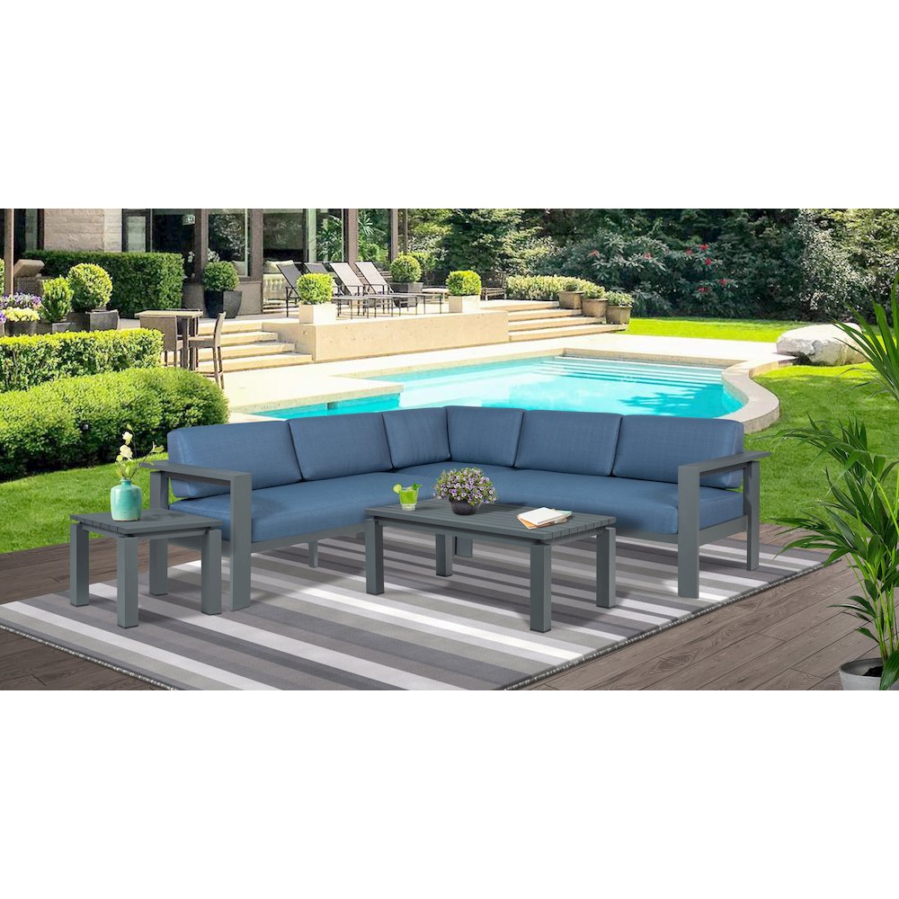 Sardinia Aluminum Frame Outdoor Sectional Sofa - Blue Cushions. Picture 2