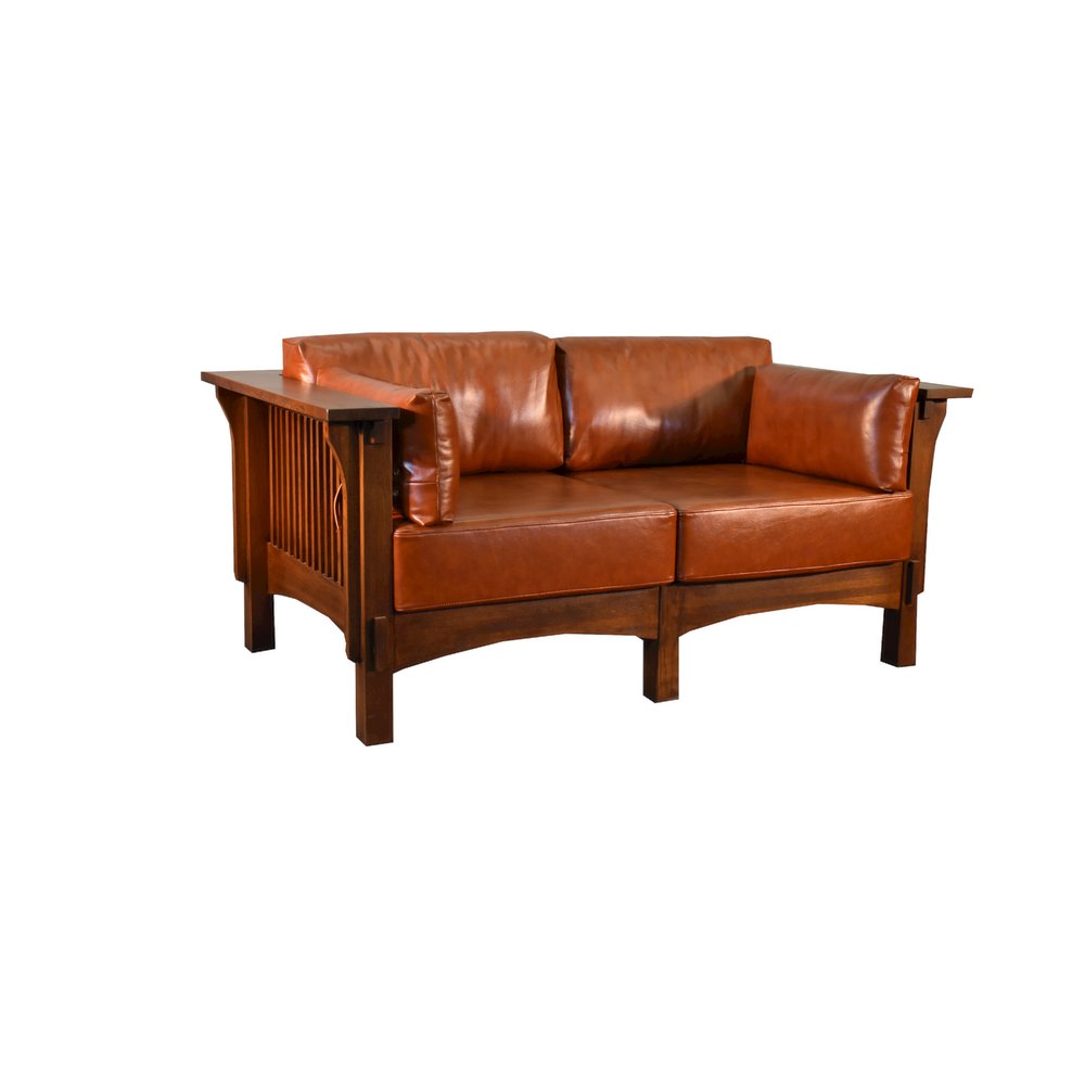 Arts And Crafts / Craftsman Crofter Style Love Seat - Russet Brown Leather. Picture 2
