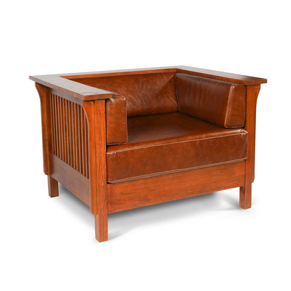 Arts And Crafts / Craftsman Cubic Slat Side Arm Chair - Chestnut Brown Leather. Picture 1