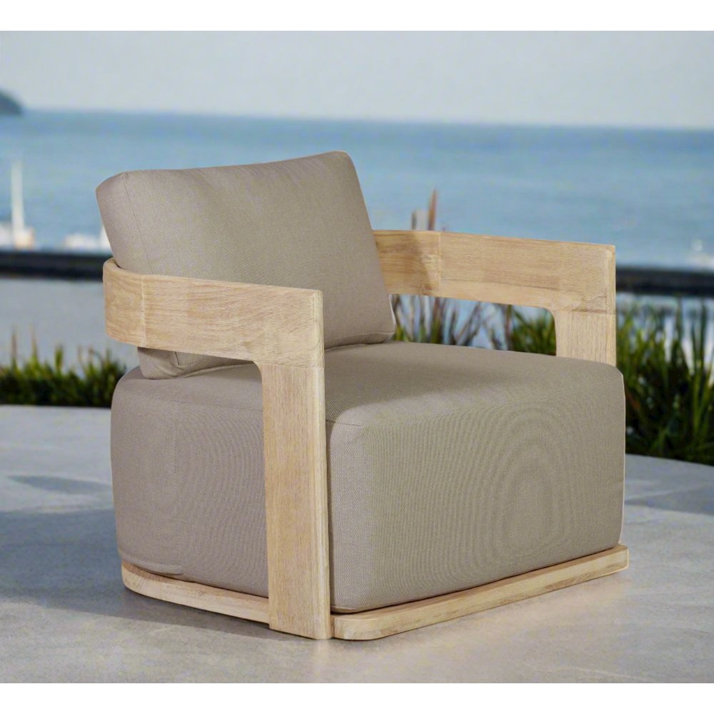 Eclipse Outdoor Solid Teak Wood Revolving Chair Natural Look - Gray Fabric. Picture 2