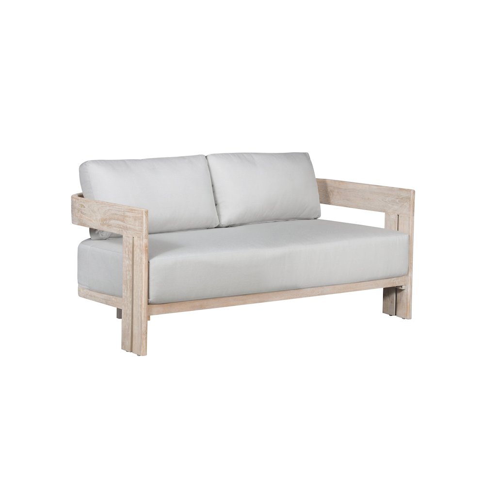 Paradiso Outdoor Solid Teak Wood Love seat - Light Gray Fabric. Picture 2
