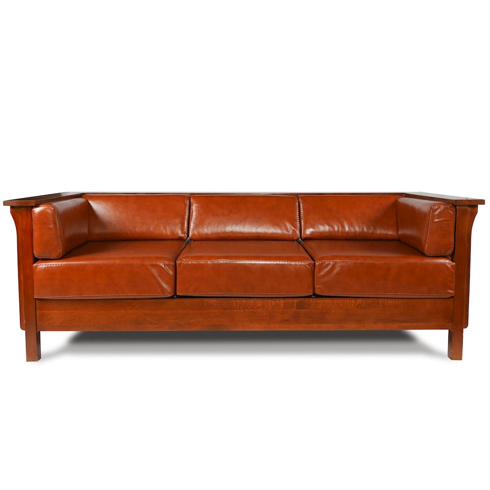 Mission / Craftsman Cubic Slat Side Sofa - Russet Brown Leather. Picture 2