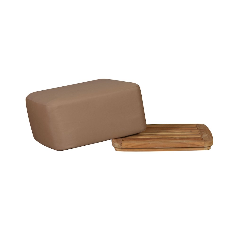 Eclipse Outdoor Solid Teak Wood Ottoman - Light Brown Fabric. Picture 3