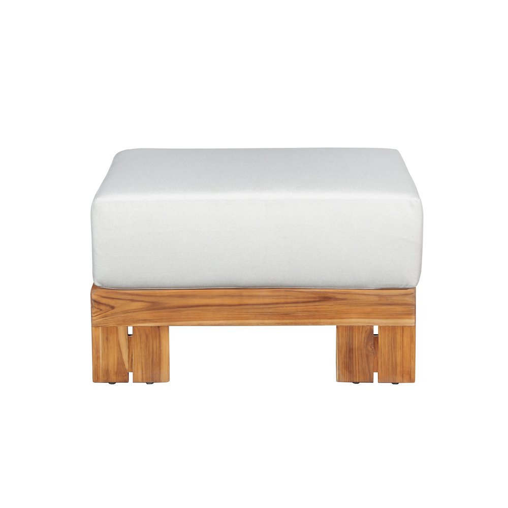 Paradiso Outdoor Solid Teak Wood Ottoman - Light gray fabric. Picture 1