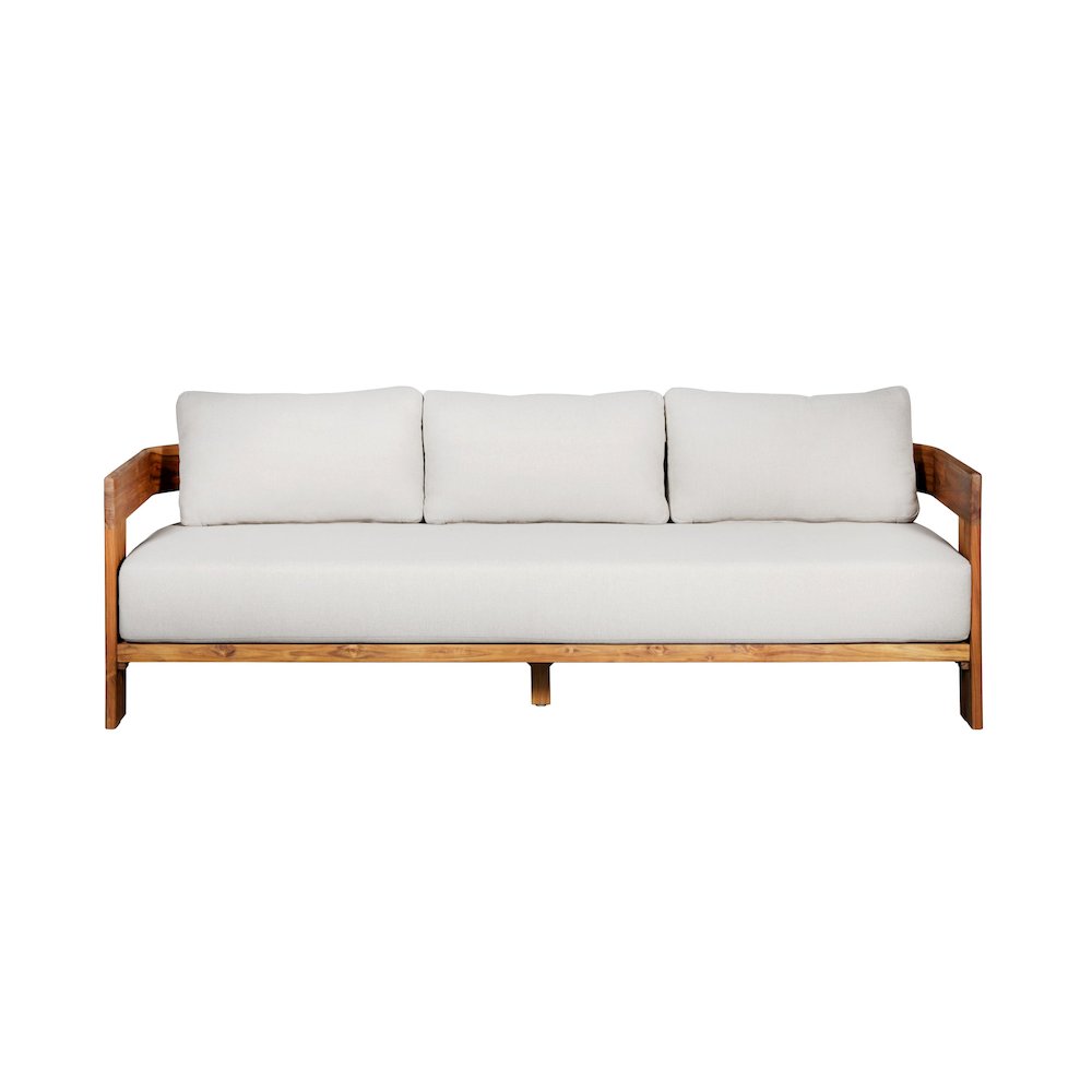 Paradiso Outdoor Solid Teak Wood Sofa - Gray Fabric. Picture 1