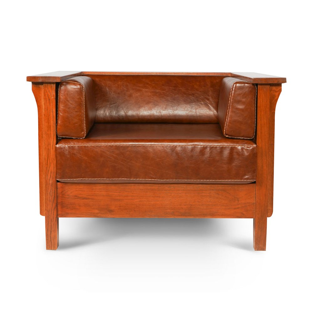 Arts And Crafts / Craftsman Cubic Slat Side Arm Chair - Chestnut Brown Leather. Picture 2