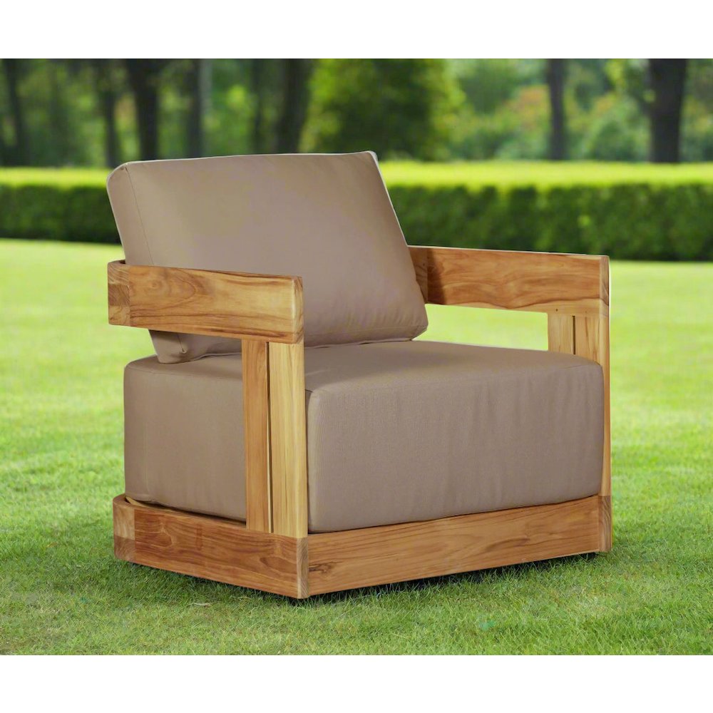 Paradiso Outdoor Solid Teak Wood Revolving Chair - Light Brown Fabric. Picture 2