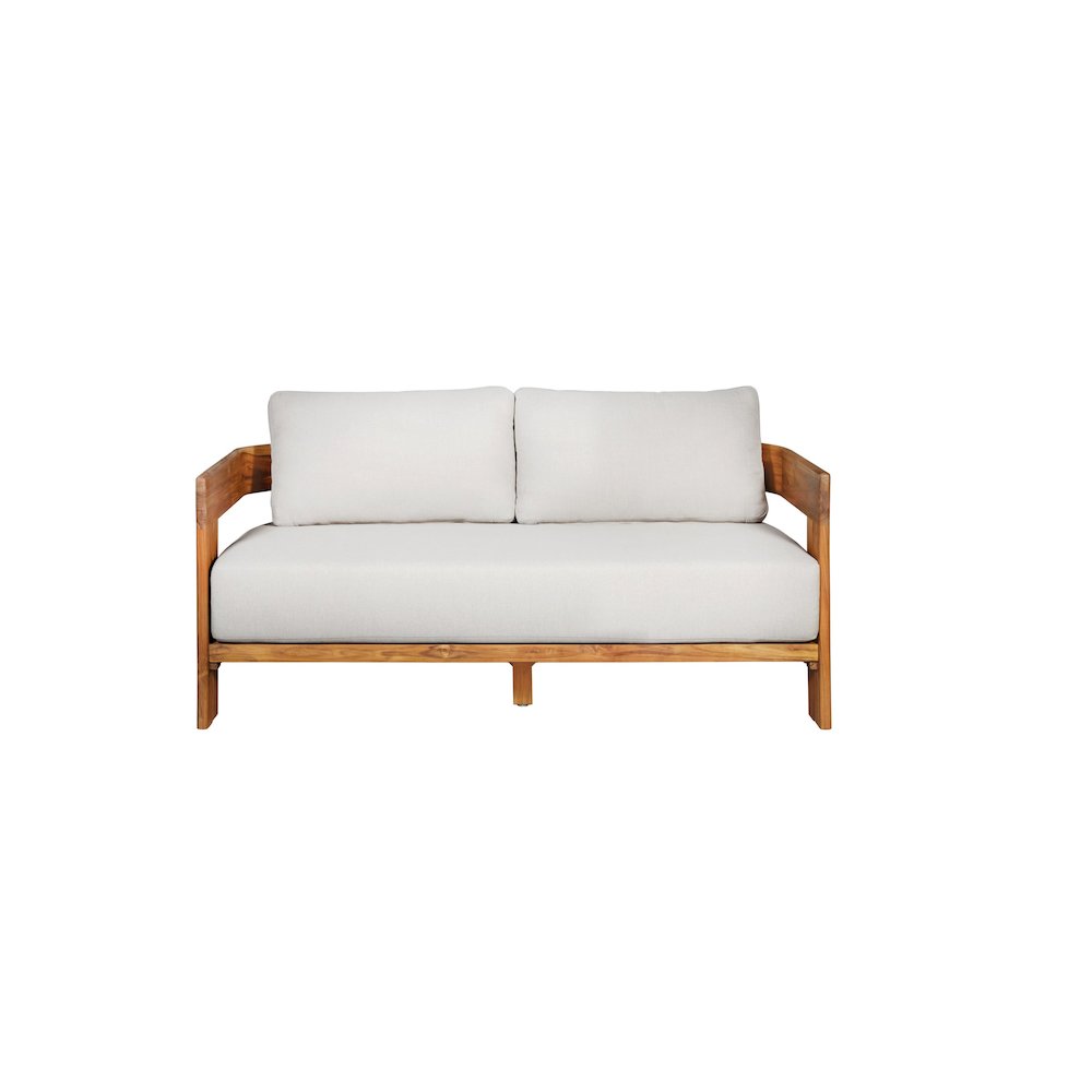Paradiso Outdoor Solid Teak Wood Love seat - Gray Fabric. Picture 1