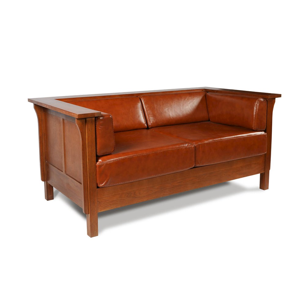 Craftsman Cubic Panel Side Love Seat - Russet Brown Leather. Picture 1
