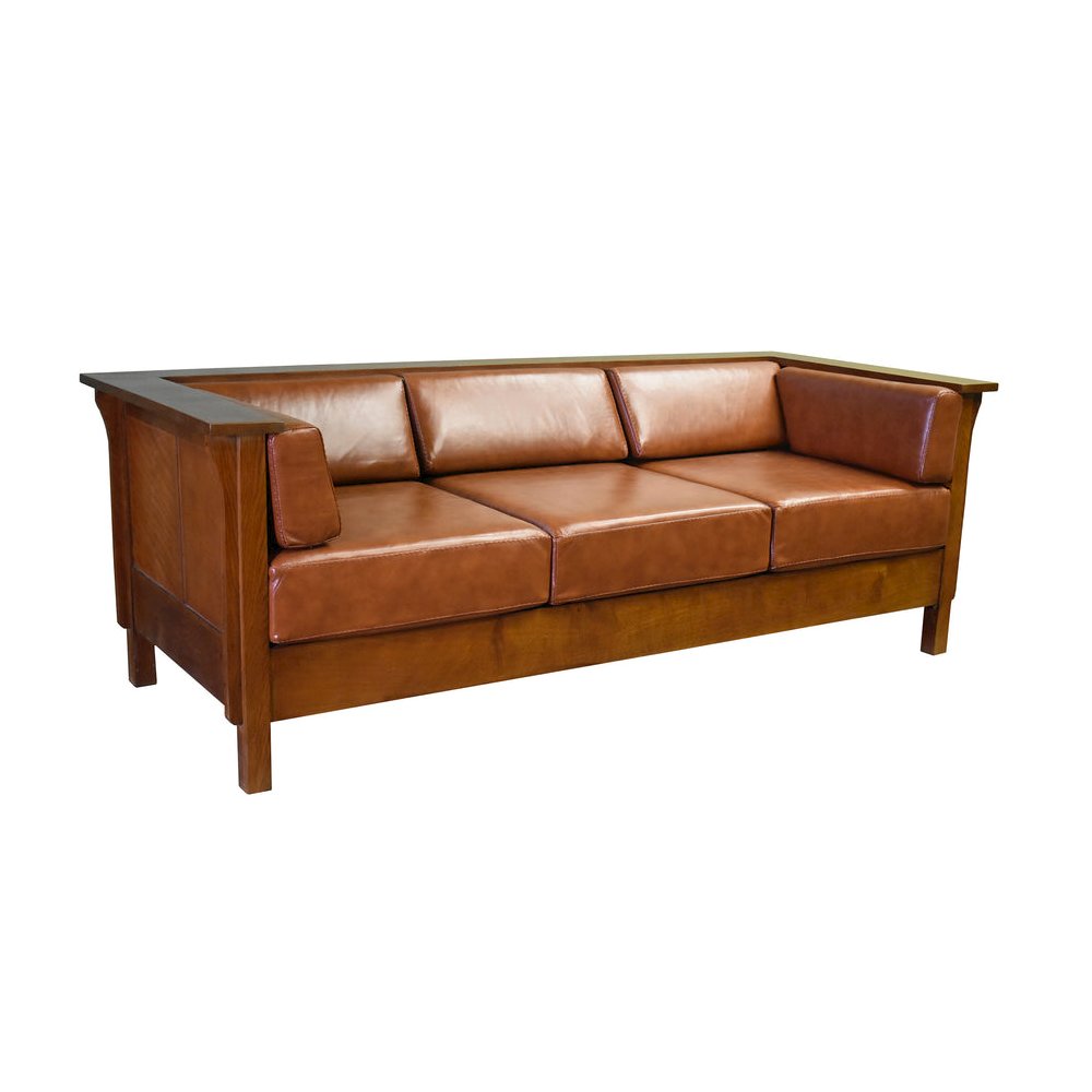 Mission Craftsman Cubic Panel Side Sofa - Russet Brown Leather. Picture 1