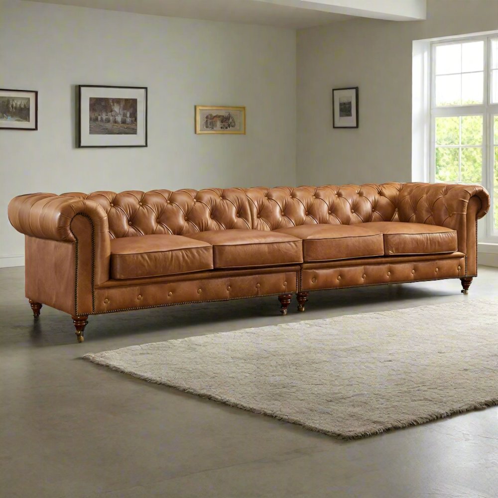 Century Chesterfield Sofa - Light Chestnut Leather - 118". Picture 3