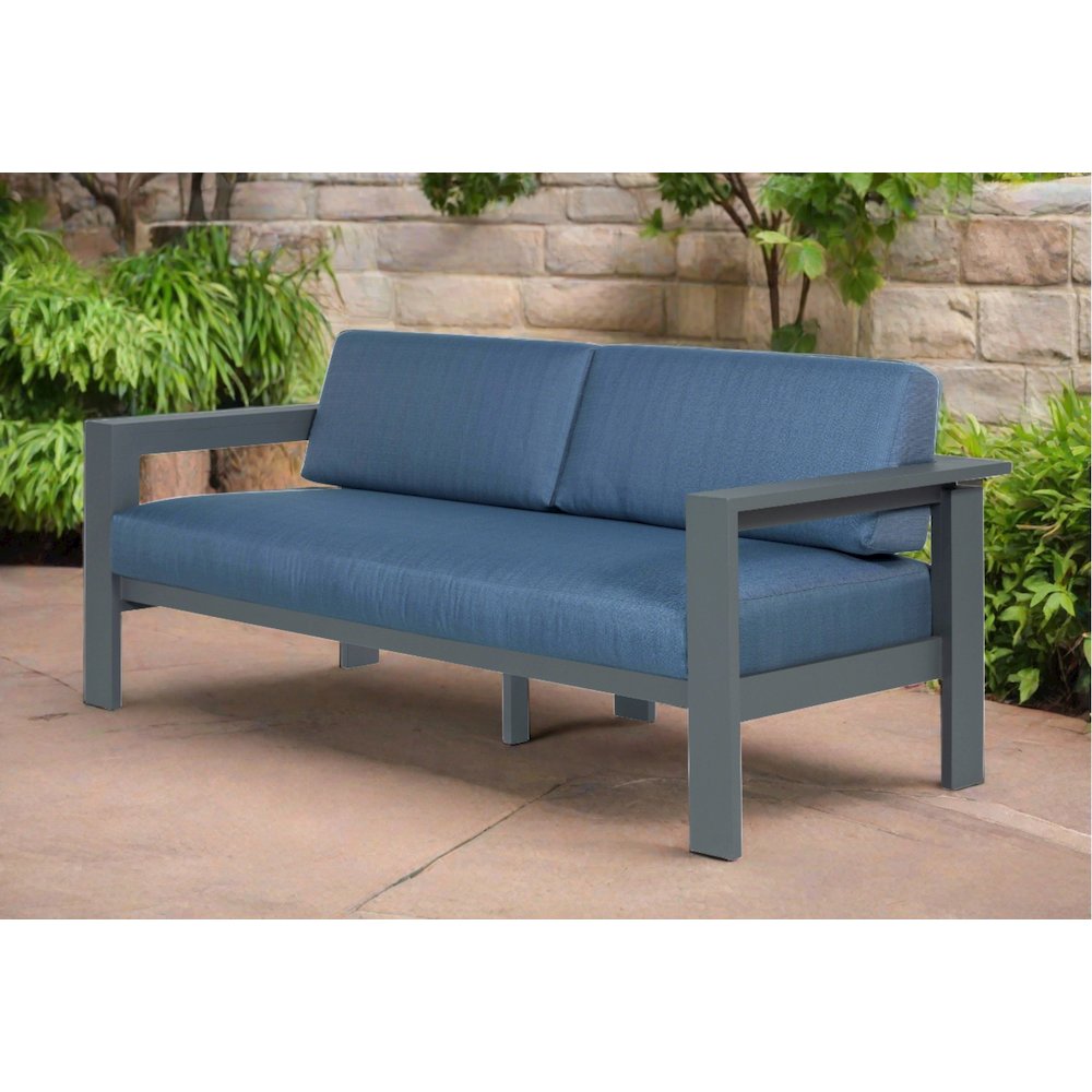 Sardinia Aluminum Frame Outdoor 74" Love seat / Sofa - Blue Cushions. Picture 2