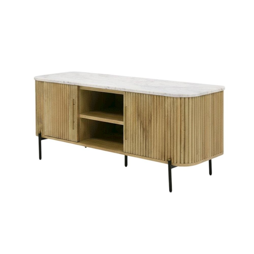 White marble, mango wood TV stand, engineered construction, multiple shelves. Picture 1