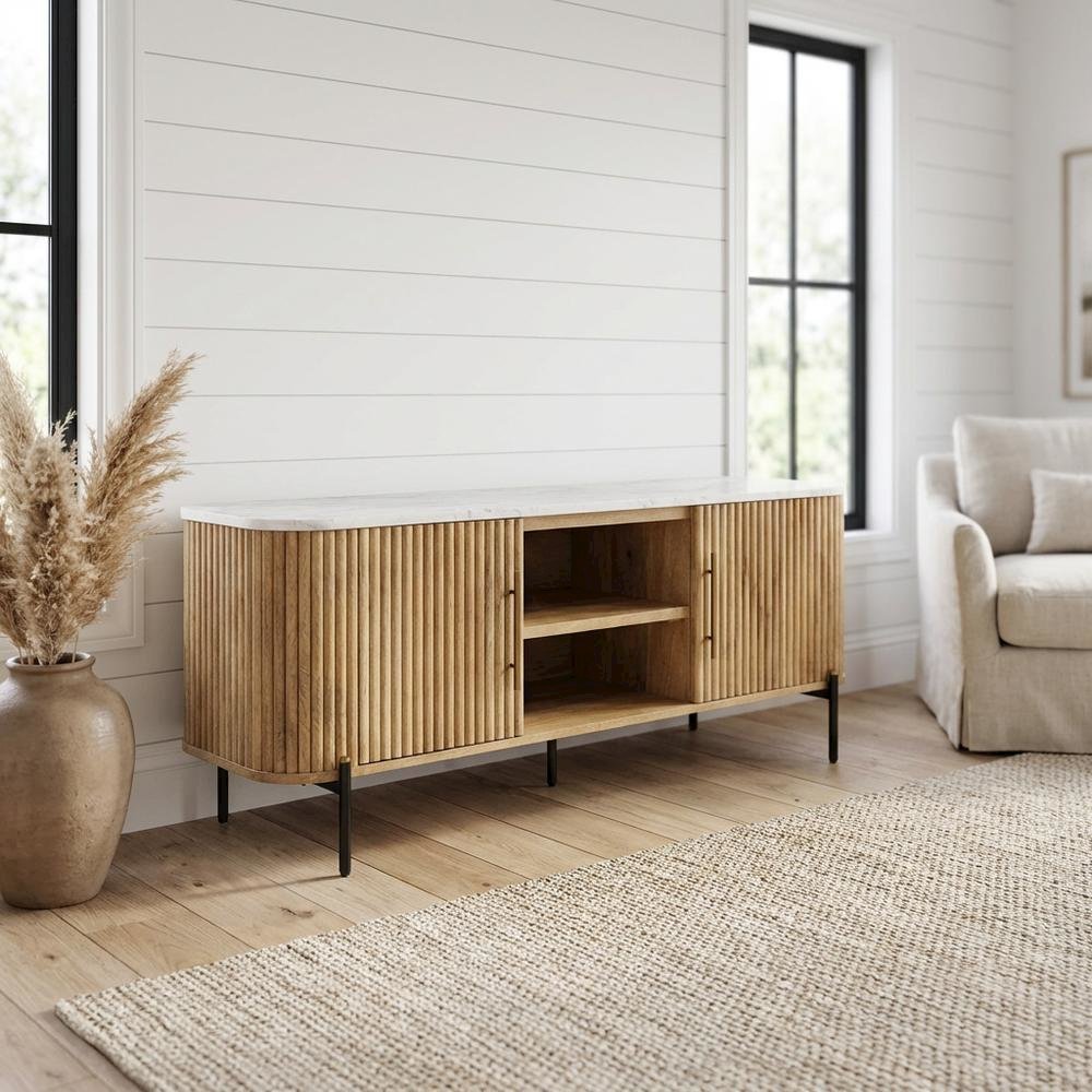 White marble, mango wood TV stand, engineered construction, multiple shelves. Picture 2