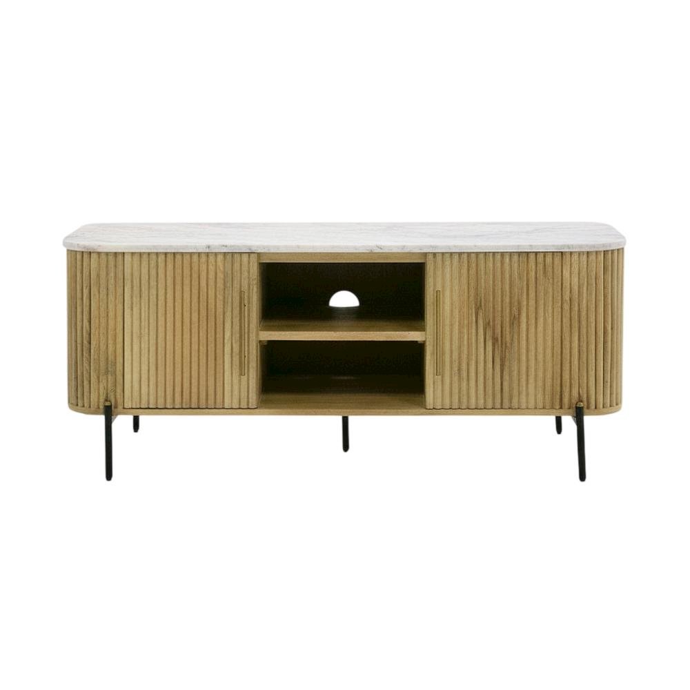 White marble, mango wood TV stand, engineered construction, multiple shelves. Picture 4