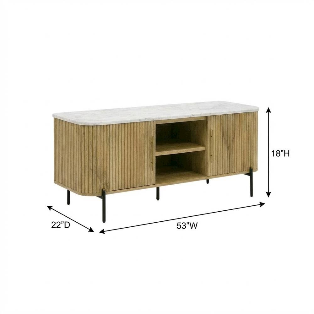 White marble, mango wood TV stand, engineered construction, multiple shelves. Picture 7