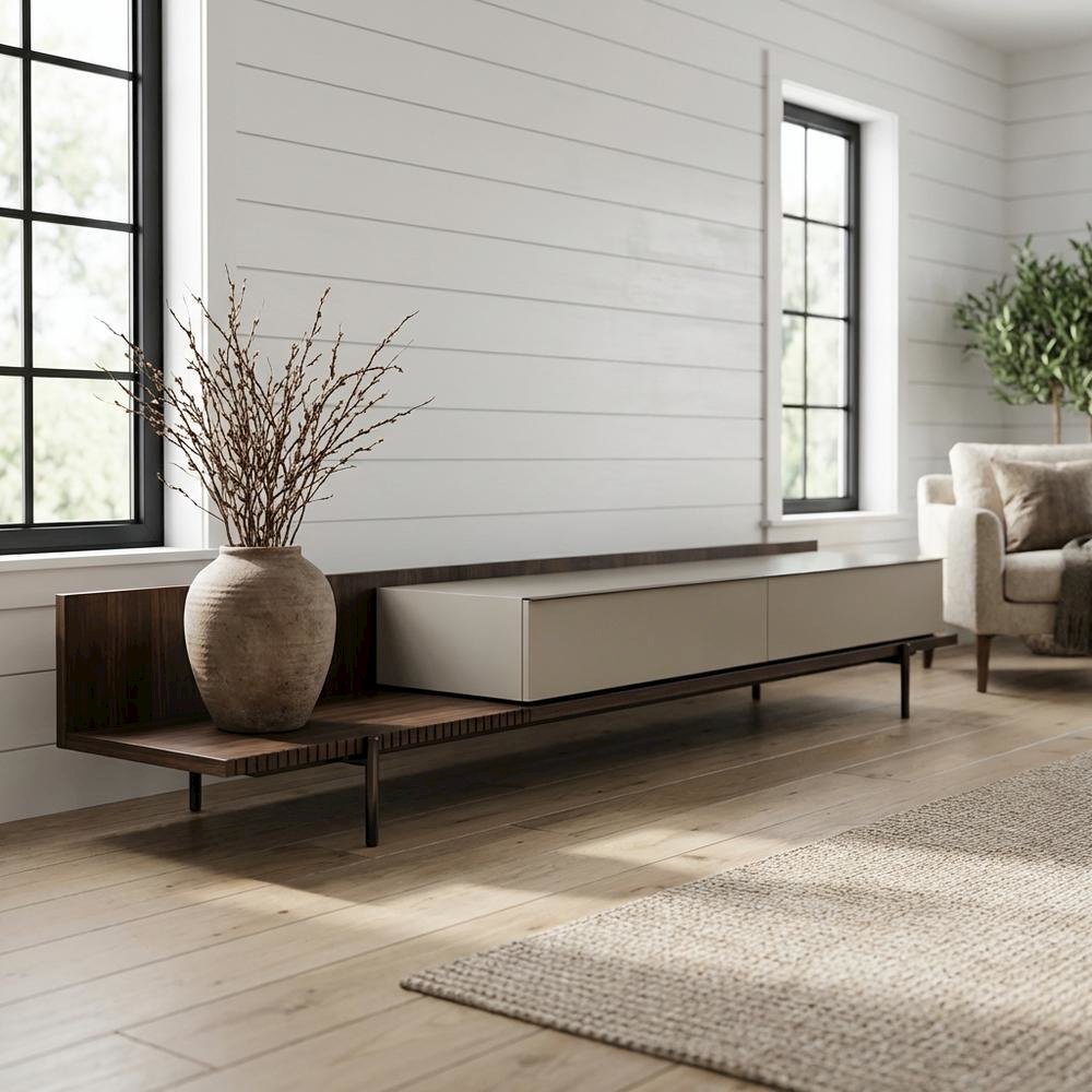 Modern Beige Walnut TV Stand with Engineered Wood Construction. Picture 2