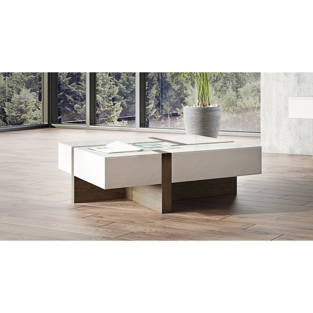 Modrest Makai Modern White & Walnut Square Coffee Table. Picture 8