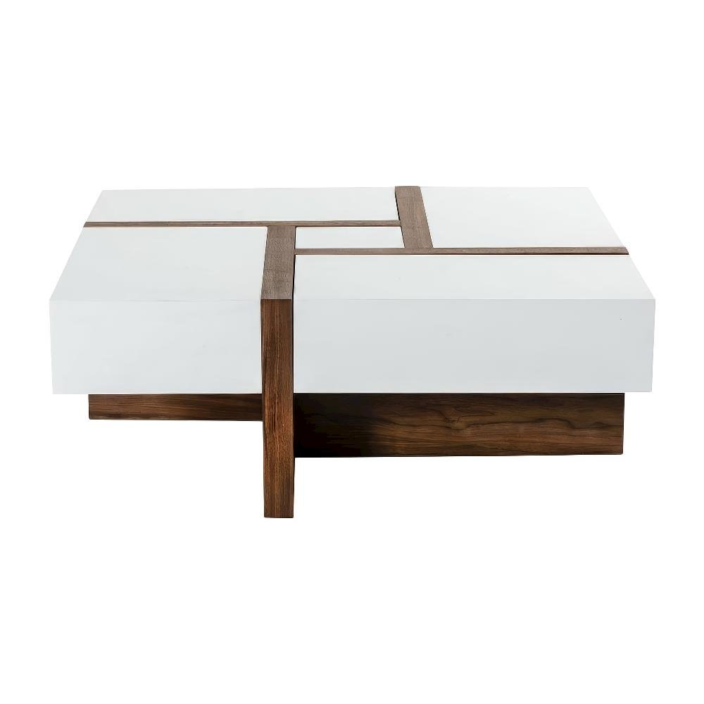 White Square Coffee Table with Walnut Veneer and MDF Construction, Single Piece. Picture 1