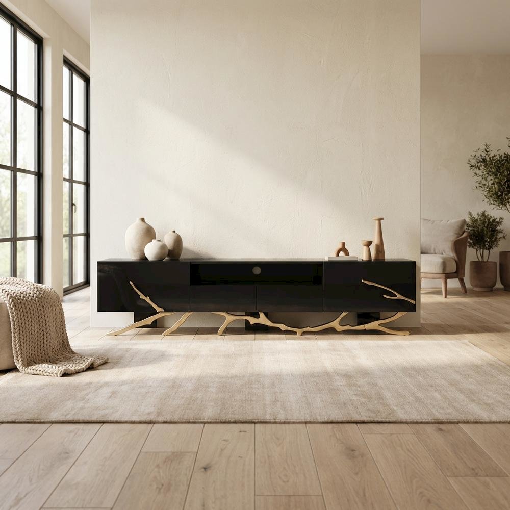 Black Modern TV Stand with Engineered Wood Frame and Gold Accents. Picture 3