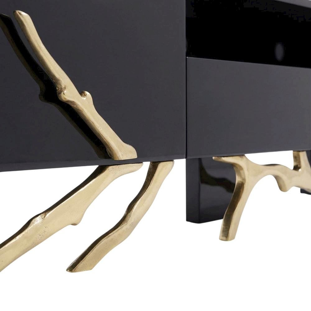 Black Modern TV Stand with Engineered Wood Frame and Gold Accents. Picture 6