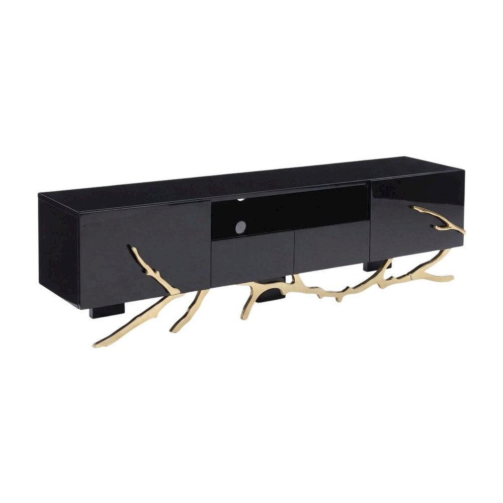 Black Modern TV Stand with Engineered Wood Frame and Gold Accents. Picture 1