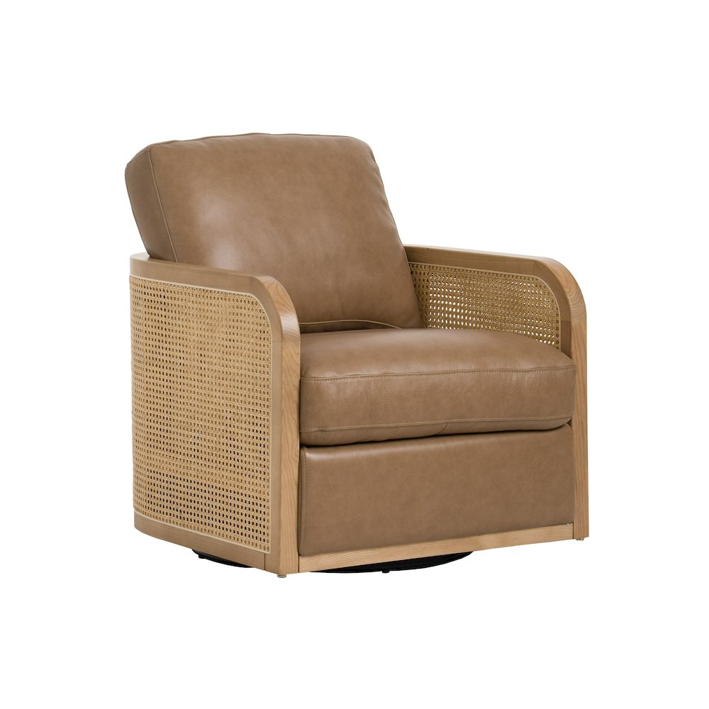 Divani Casa Danson - Modern Tan Leather + Wicker Swivel Accent Chair. Picture 2