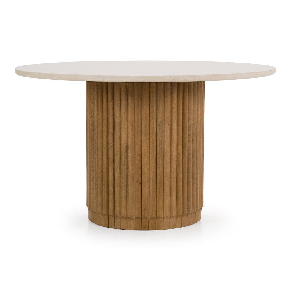 Bambi - Modern Botticino Marble + Mango Round Dining Table. Picture 4
