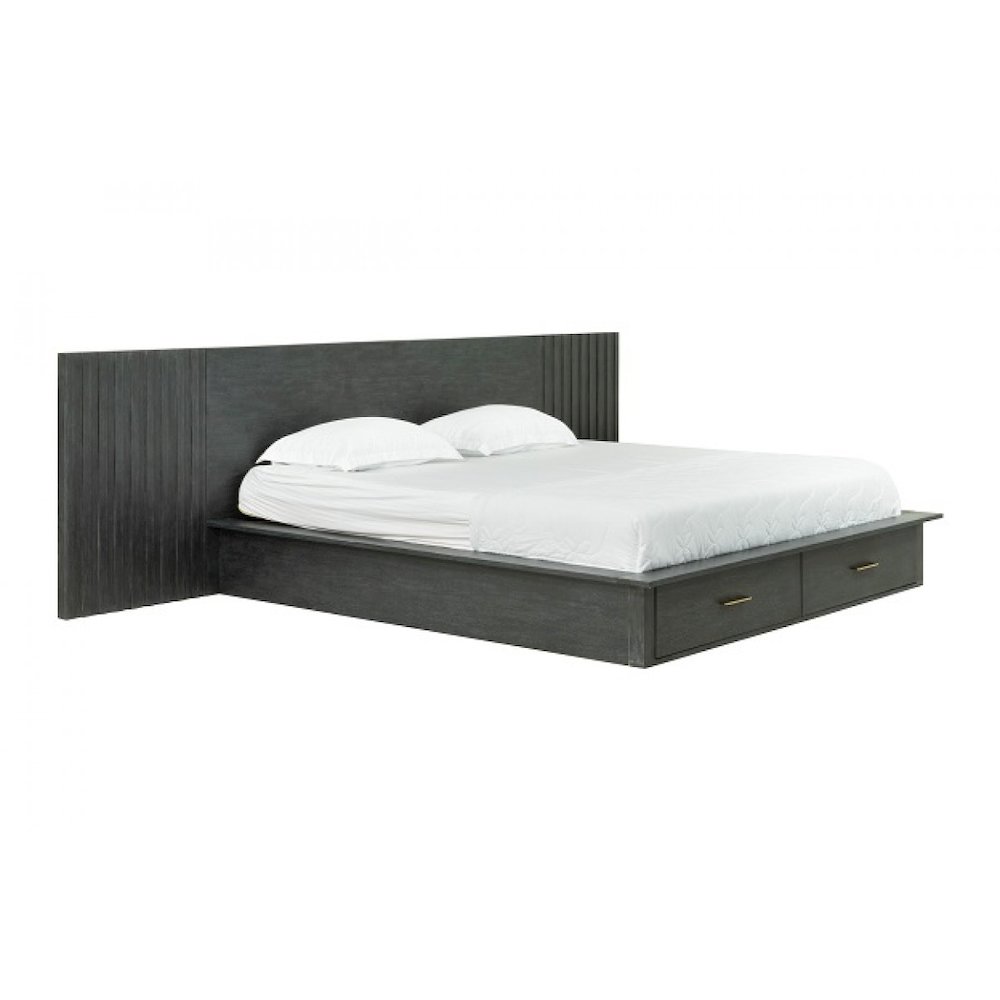 Eastern King Contemporary Dark Grey Platform Bed with Two Nightstands. Picture 1