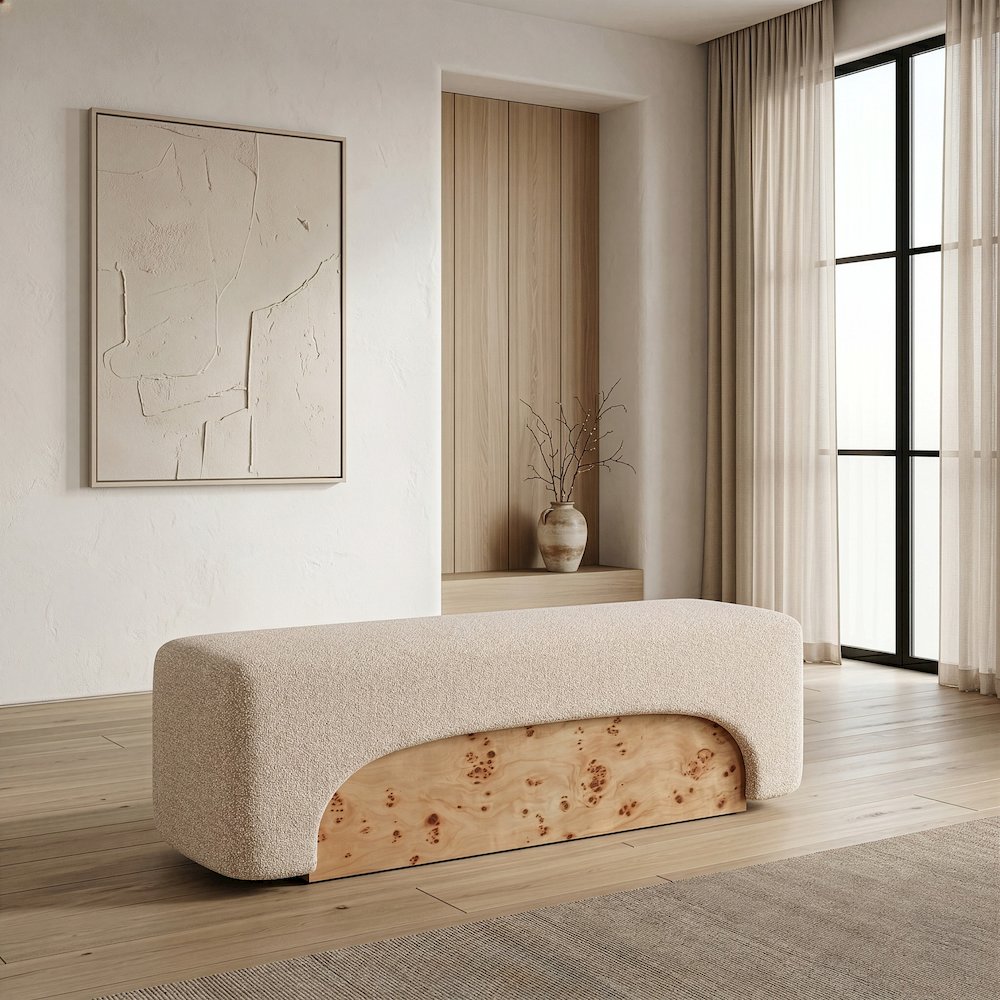 Mayfair - Contemporary Beige Fabric + Burl Bench Ottoman. Picture 4