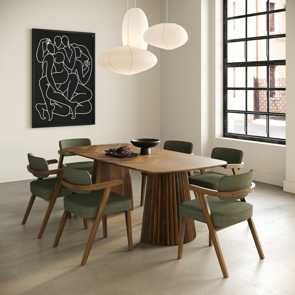Sacks - Mid-Century Modern Green Fabric Herringbone Walnut Dining Set. Picture 8