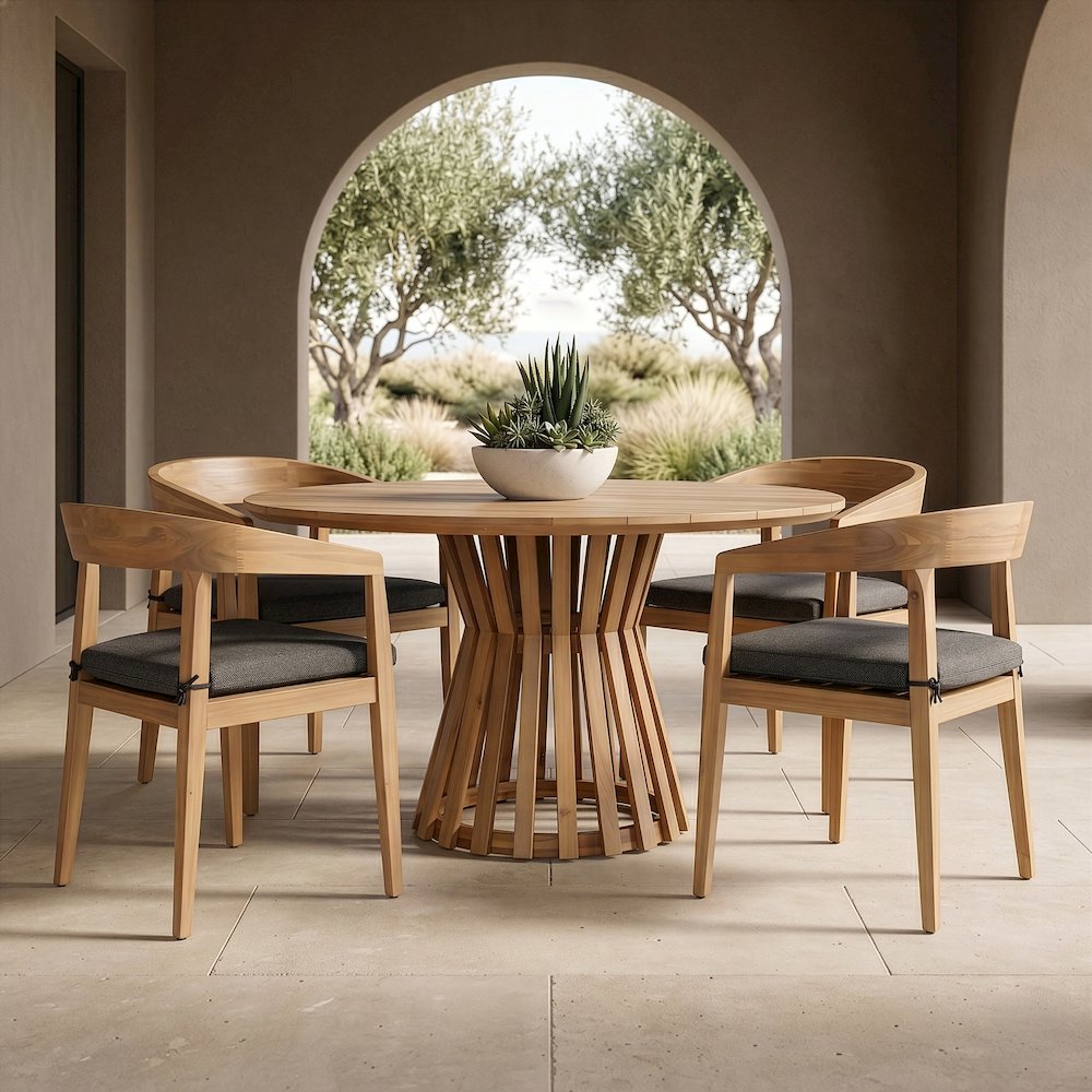 Sintra - Outdoor Grey + Eucalyptus Round Dining Table Set. Picture 5
