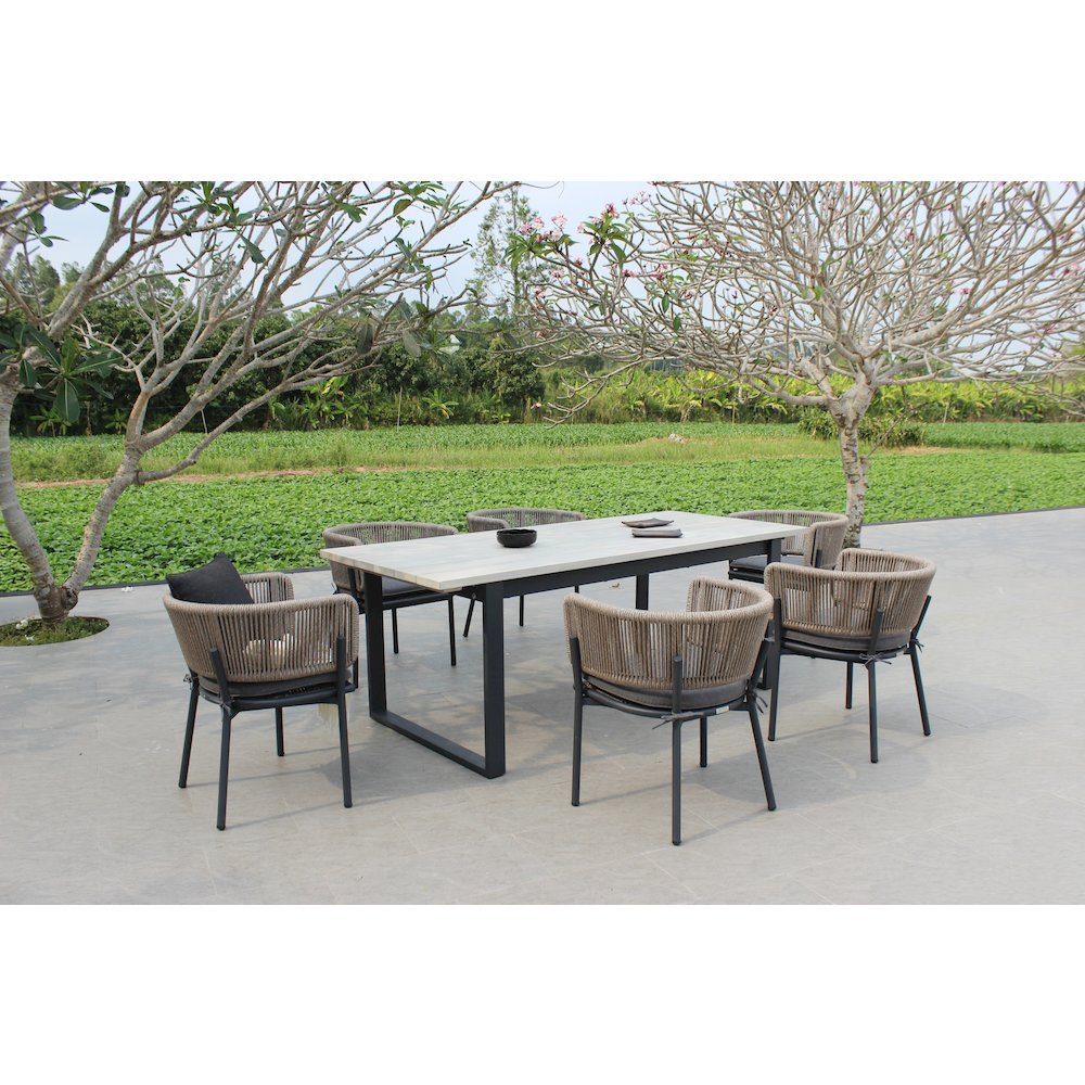 Renava Suntide - Outdoor Grey Fabric + Grey Acacia + Beige Rattan Dining Set. Picture 6