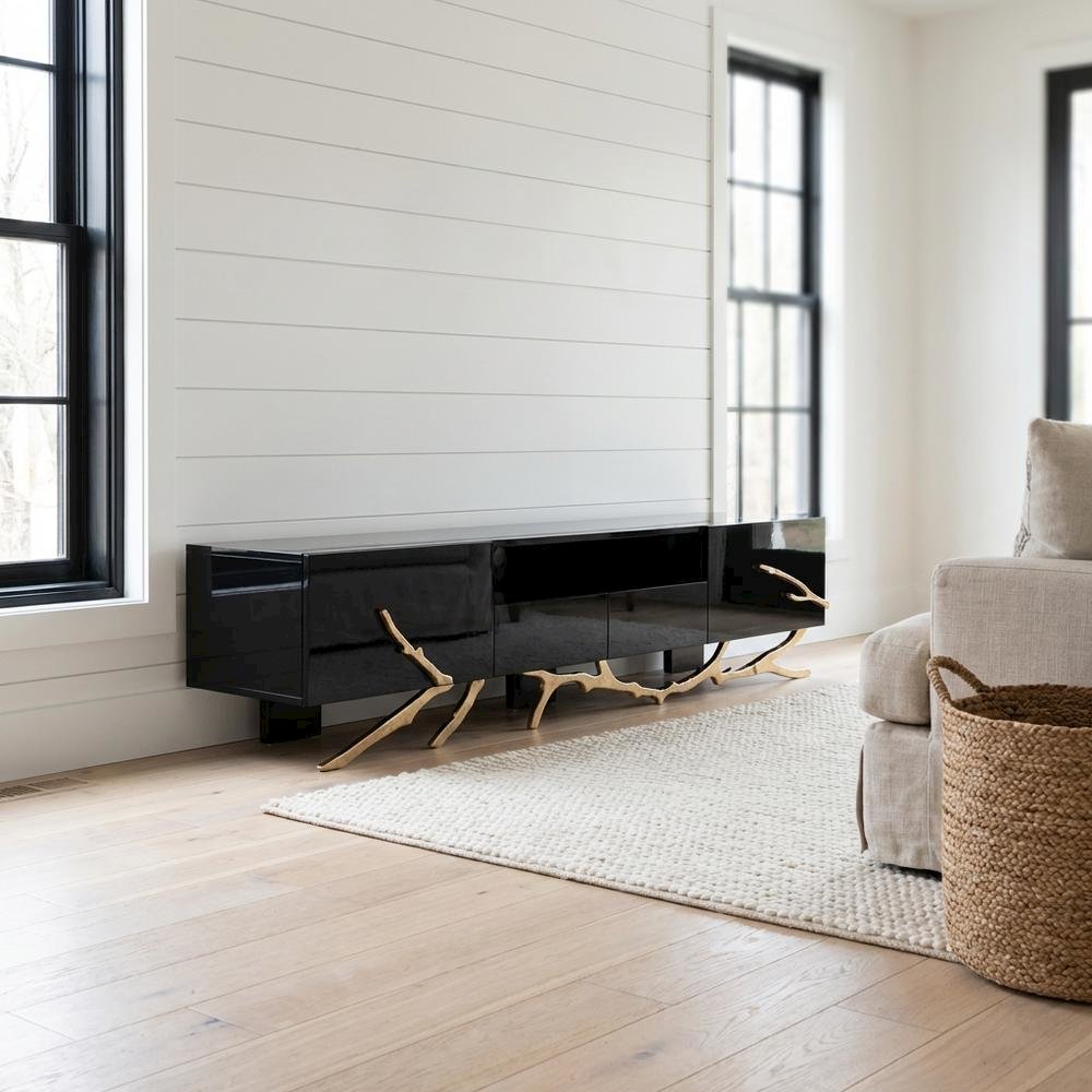 Black Modern TV Stand with Engineered Wood Frame and Gold Accents. Picture 2