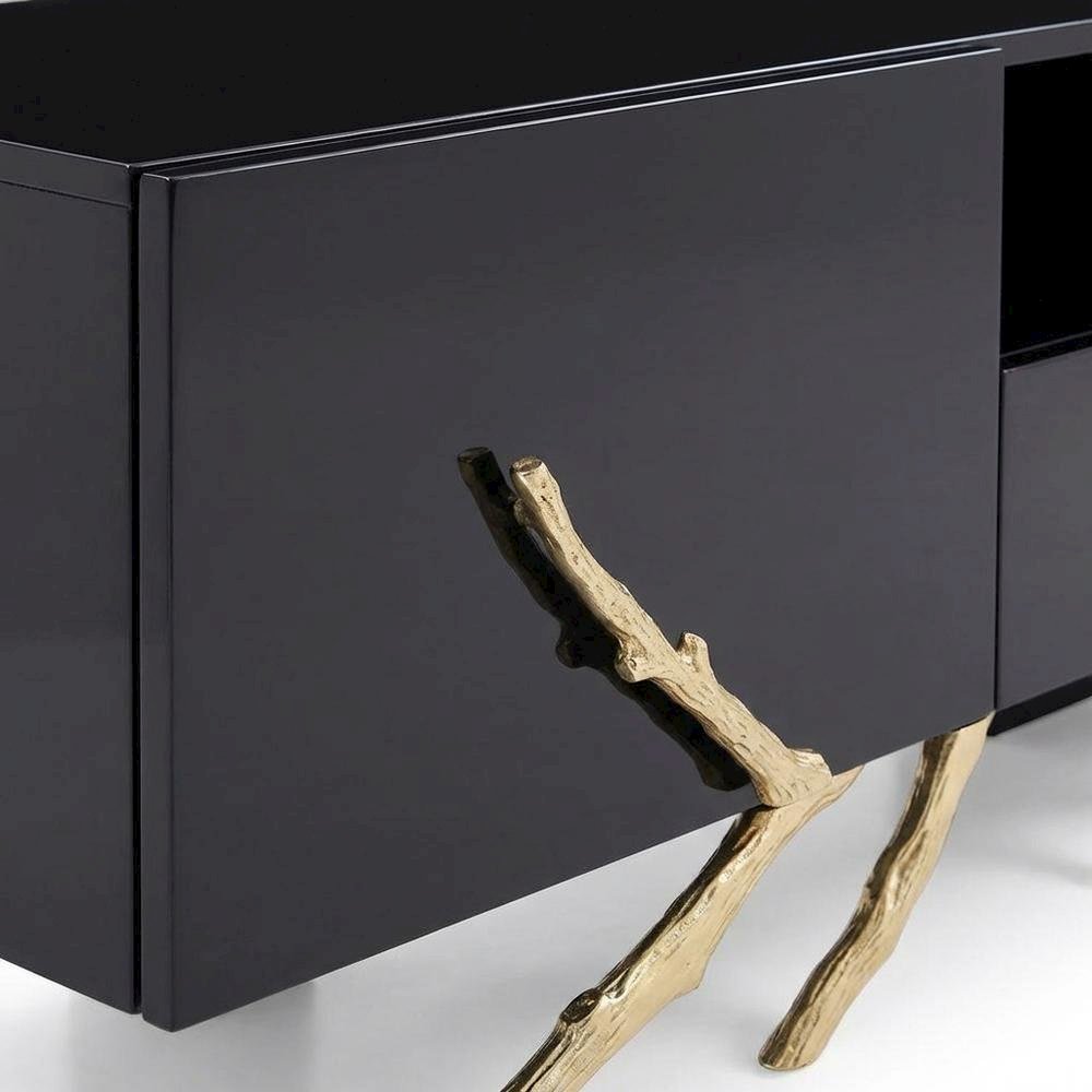 Black Modern TV Stand with Engineered Wood Frame and Gold Accents. Picture 5