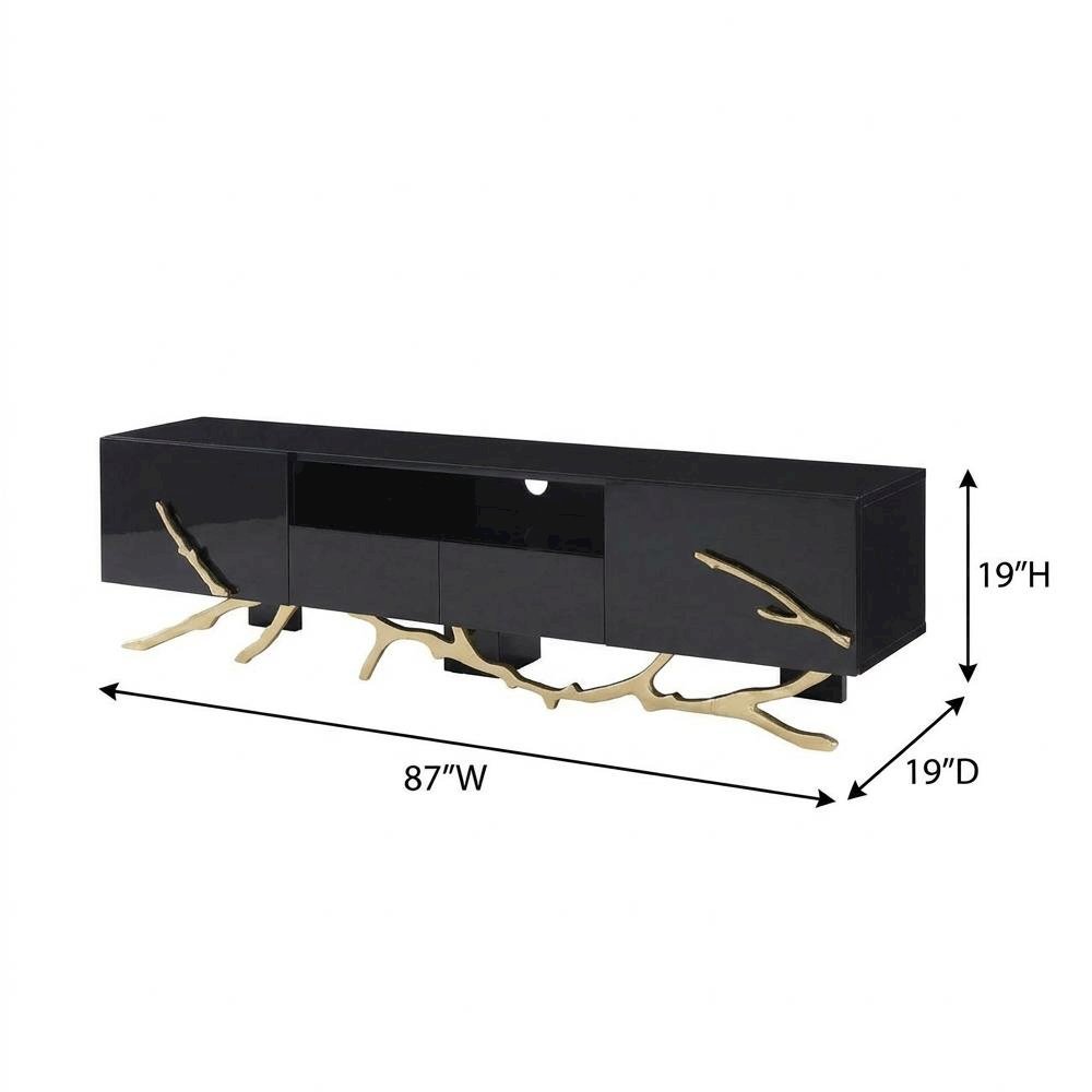 Black Modern TV Stand with Engineered Wood Frame and Gold Accents. Picture 7