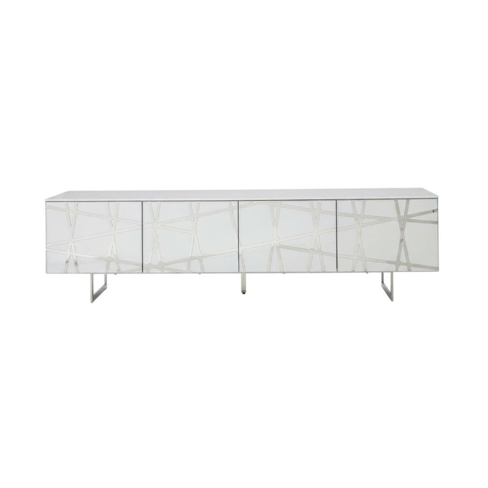 White Modern TV Stand with Engineered Wood Construction and Sleek Design. Picture 4