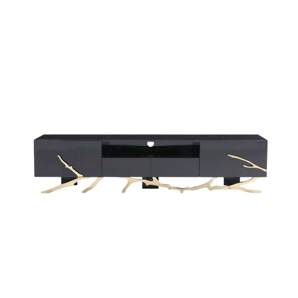 Black Modern TV Stand with Engineered Wood Frame and Gold Accents. Picture 4